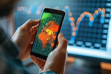 Earthquake and volcano eruption tracking application. Monitoring seismic activity. Mobile app displaying tremors in human hands.