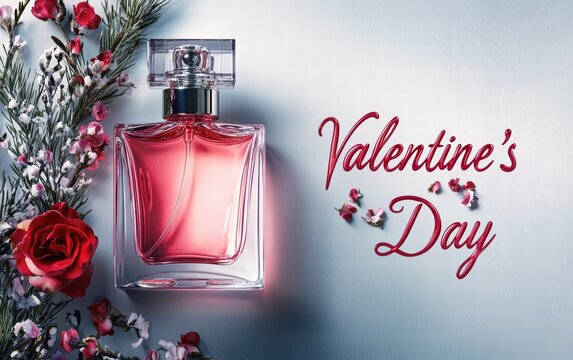 Perfumes Valentineâ???s Day written in cursive font next to a sleek, glass perfume bottle with floral accents, showcasing elegance and fragrance sales appeal.