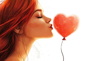 A young woman with bright red hair who tenderly kisses a red heart-shaped balloon. Light background