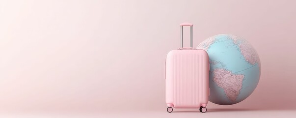 3d minimalist suitcase and globe with landmark icons travel theme studio setting modern design