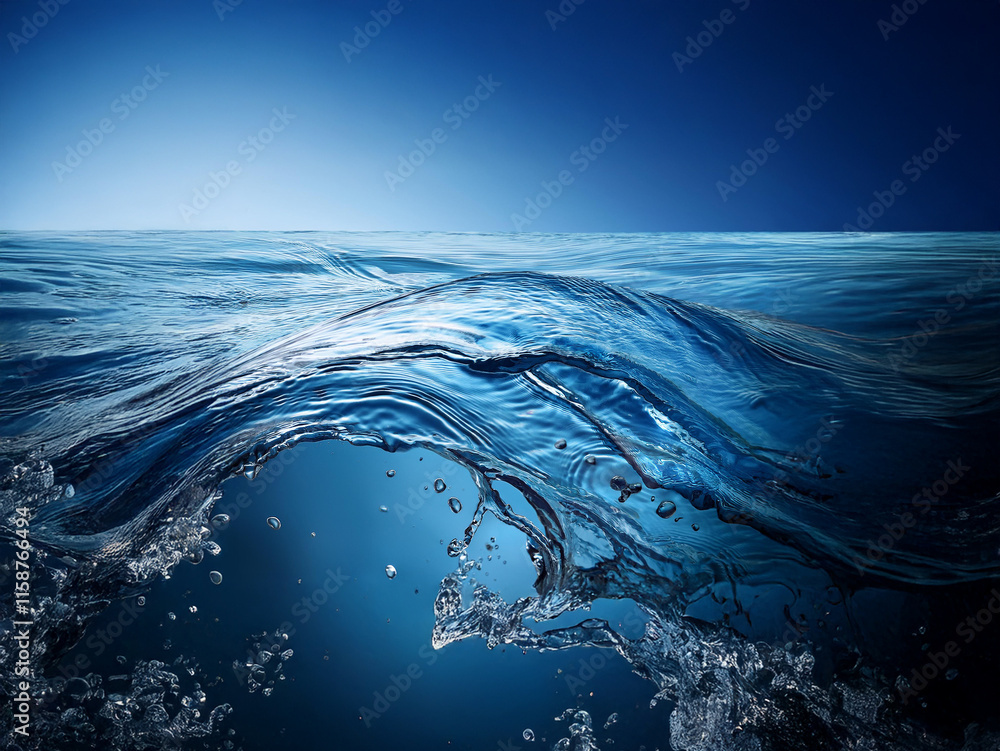 Poster A captivating underwater scene.  The deep blue ocean waves gracefully curve, creating a mesmerizing contrast between the surface and depths.  Air bubbles rise, adding to the tranquil beauty.
