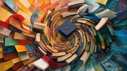 Fototapeta premium Graduation cap on swirling stack of colorful books.