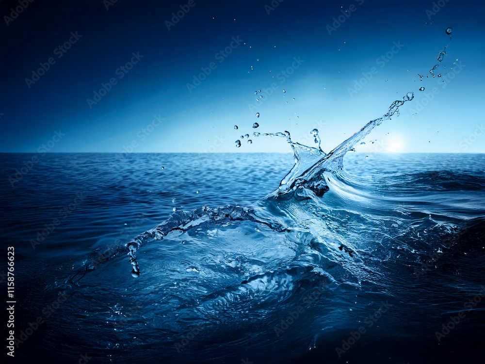 Aufkleber A dramatic ocean scene at sunset, featuring a dynamic water splash. The deep blue hues and the sun's reflection create a serene yet powerful image.