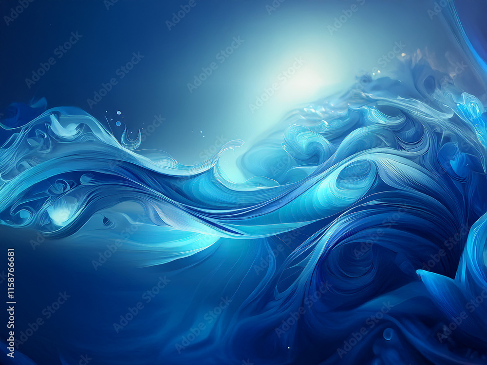 Poster abstract digital artwork depicting a swirling, luminous blue wave. the light source creates a radian
