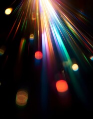 Black background with colorful lights, light beams, blurry cinematic sparkling in the air, glitchcore, glowy iridescence bokeh sparkles. Festive light leak overlay