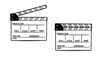 Hand-drawn clapperboard illustration in a doodle style. Featuring classic black and white stripes with space for scene, take, and date.