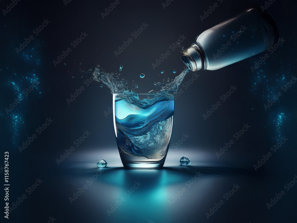 Poster a glass fills with vibrant blue liquid, splashing dynamically as it pours from a bottle. surrounding