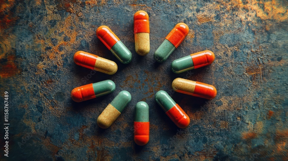 Poster a set of vibrant orange and green capsules placed in a circular pattern on a textured metallic surfa