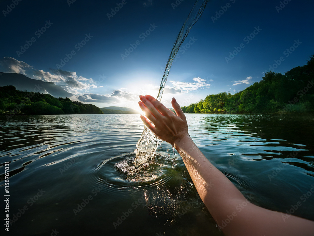Poster a hand dips into a calm lake, catching the setting sun's rays as water streams through fingers. the 