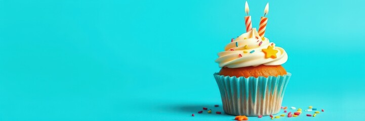 Colorful birthday cupcake with candles and sprinkles on a bright blue background
