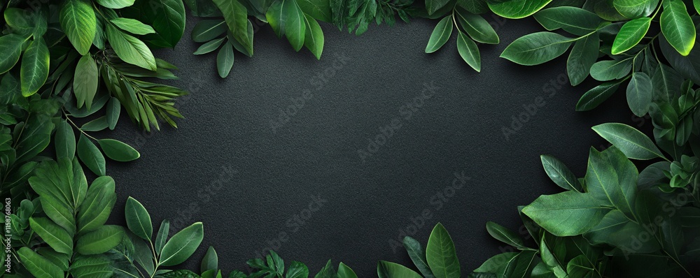 Poster Green leaves bordering black background creating empty space
