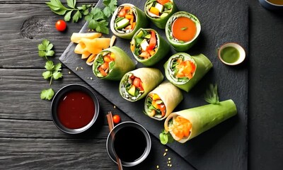Vibrant Vegetable Summer Rolls on Dark Wood with Dipping Sauces - Powered by Adobe