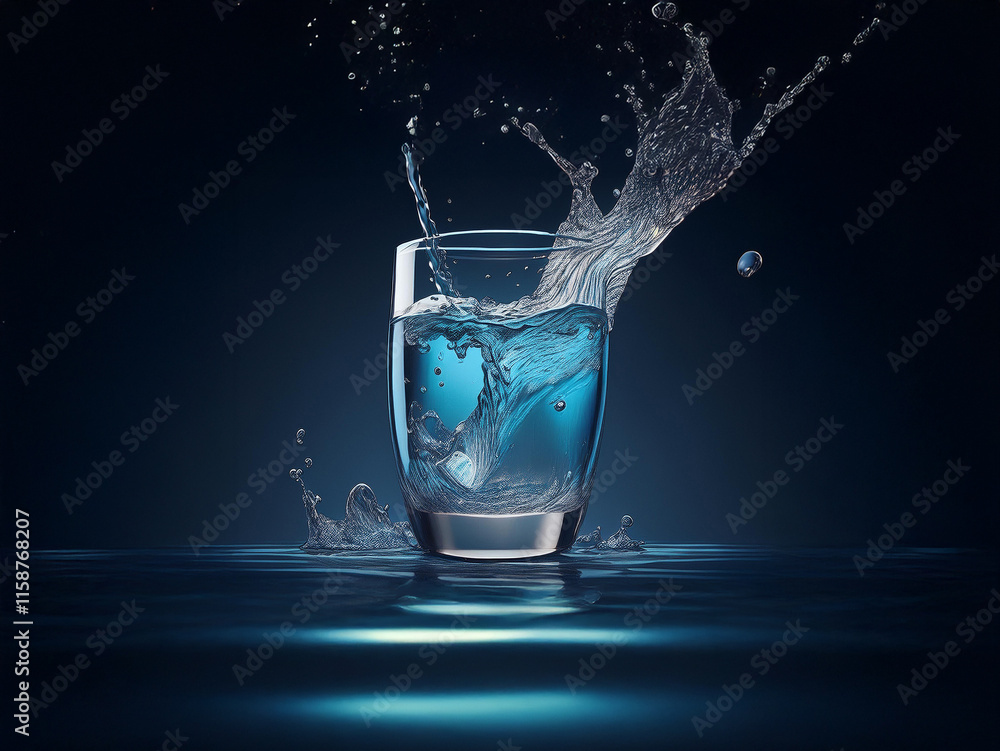 Fototapete a glass of water with an ice cube, splashing dramatically against a dark background. the water is vi