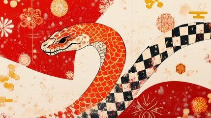 Obraz premium Year of the Snake-themed New Year card with Japanese-style