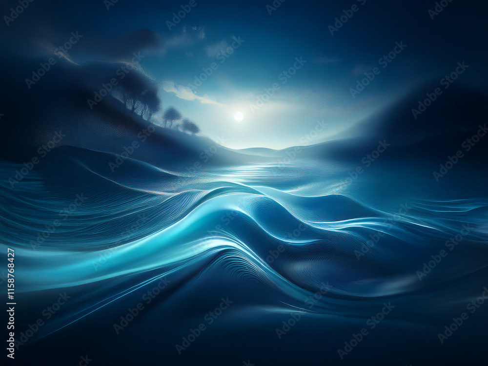 Poster Serene twilight landscape.  Dark blue water flows, reflecting a pale moon and distant hills under a brooding sky.  The scene evokes a sense of tranquility and mystery.