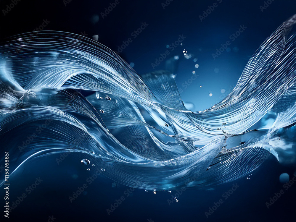 Poster abstract image of flowing water, with translucent, swirling waves and splashing droplets against a d
