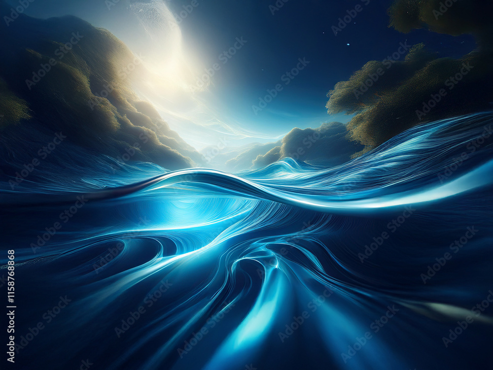 Aufkleber serene digital art depicting a luminous, abstract ocean under a celestial sky. glowing waves ripple 
