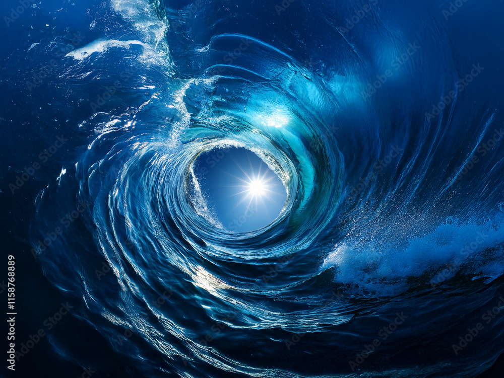 Poster a mesmerizing underwater view of a swirling ocean wave, sunlight illuminating its center, creating a