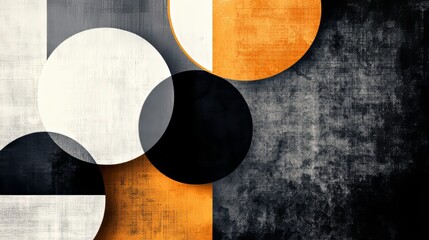 Geometric Abstract Artwork with Overlapping Shapes in Black, White, Beige, and Orange