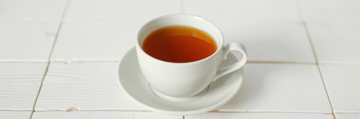 Hot tea served in a white cup on a saucer placed on a wooden table for a relaxing afternoon break