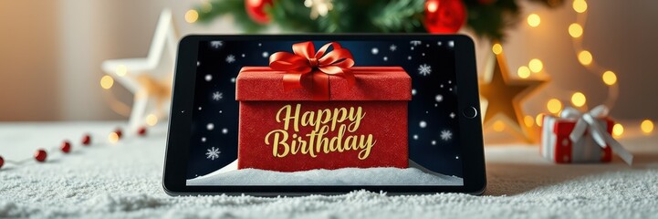 Colorful birthday gift displayed on a tablet with festive decorations and Christmas lights in the background