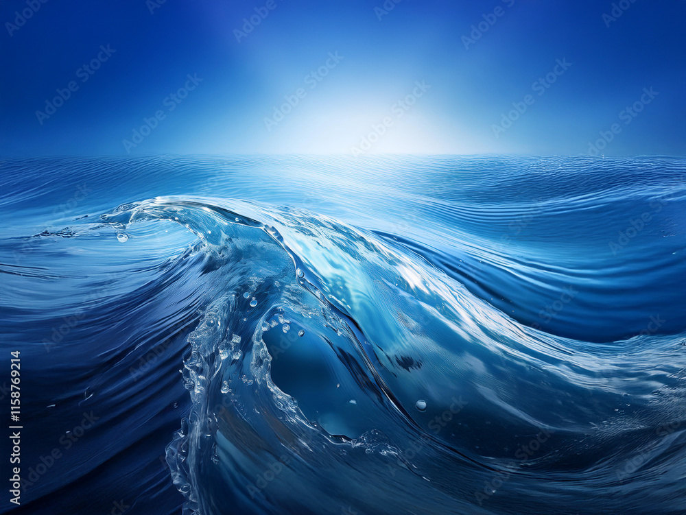Poster Serene ocean scene with a gentle wave cresting under a vibrant blue sky. Sunlight glints off the water's surface, creating a sense of calm and tranquility.