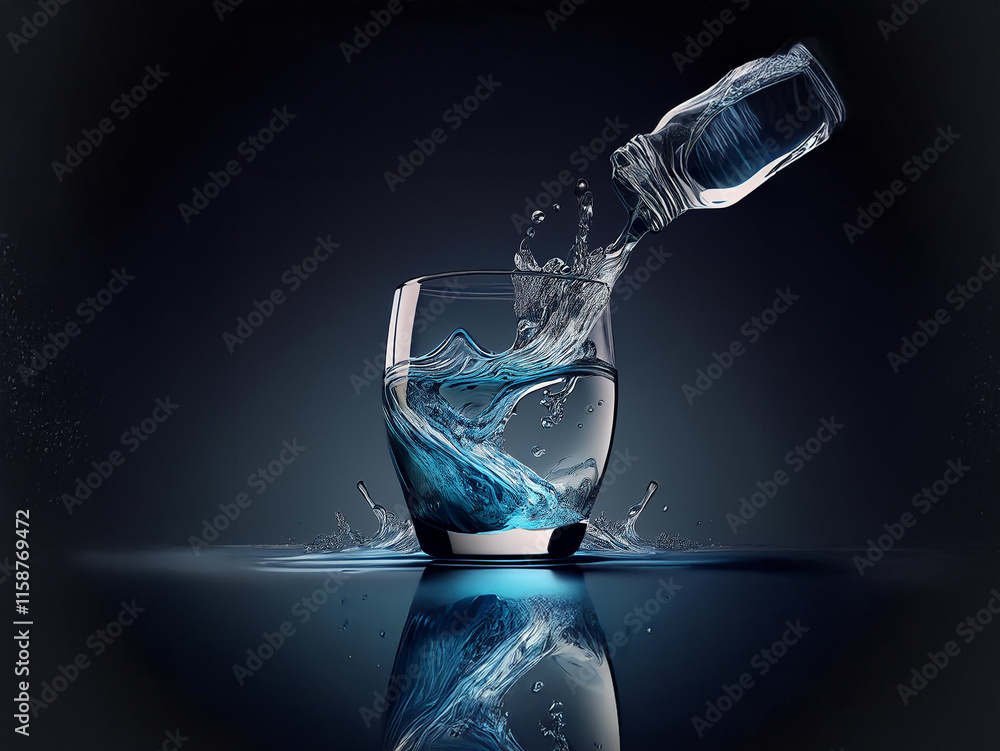 Aufkleber Water pours from a bottle into a glass, creating dynamic splashes and reflections on a dark surface.  The scene is clean, minimalist, and emphasizes the movement of the liquid.