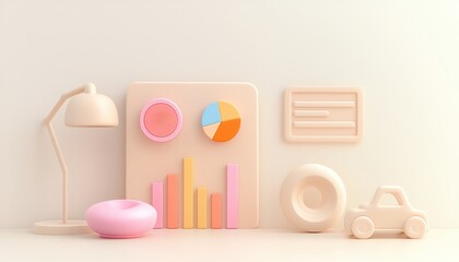 A photostock of 3D bar graphs and pie charts on a desk, ideal for financial data and business presentations