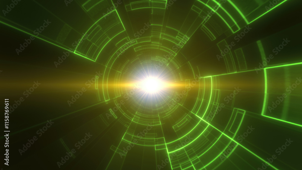 Poster a futuristic, green digital tunnel with concentric circular patterns and glowing lines technology an