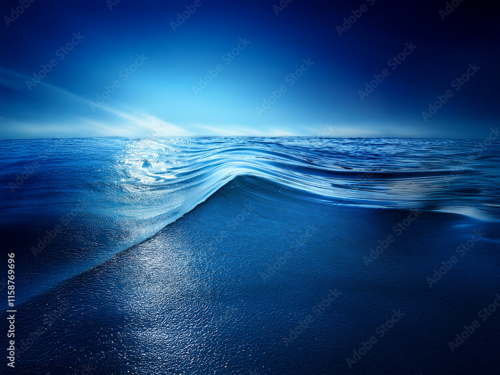 Poster a mesmerizing underwater view of a single wave, showcasing the contrast between the ocean's surface 