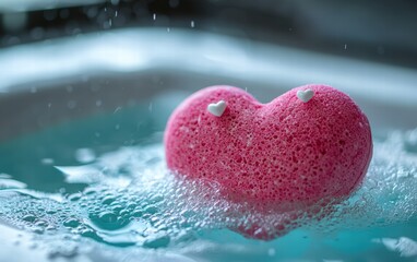 Fototapeta premium A heart-shaped bath bomb fizzing in a luxurious bathtub for valentines day