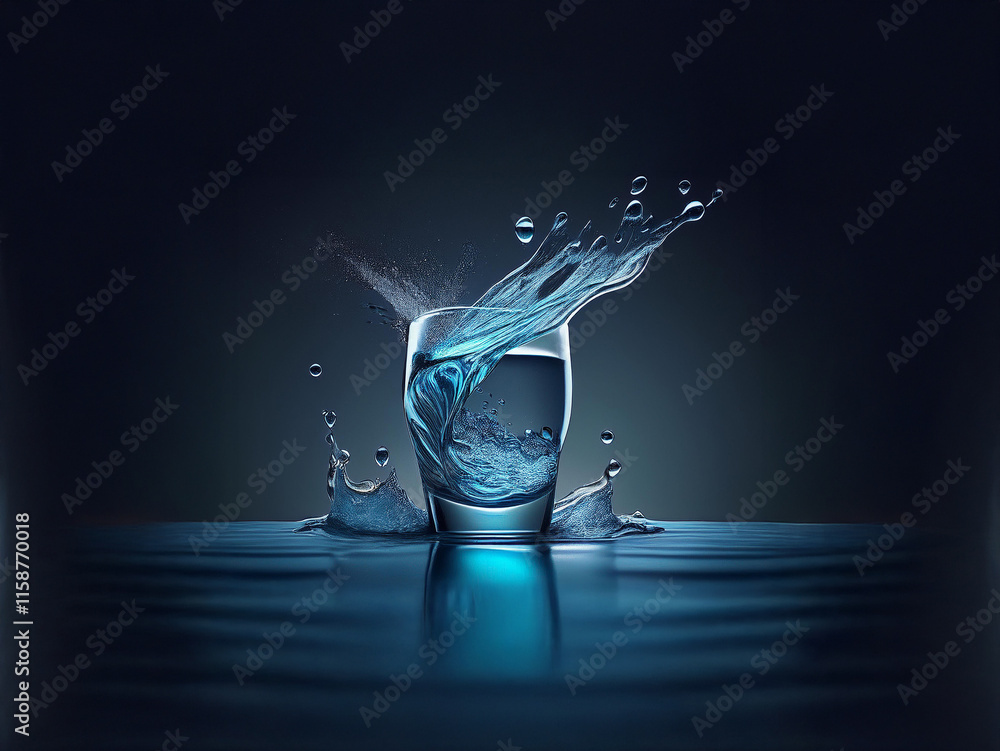 Poster a glass of water, dramatically splashed, sits on a dark reflective surface. the water's motion is fr