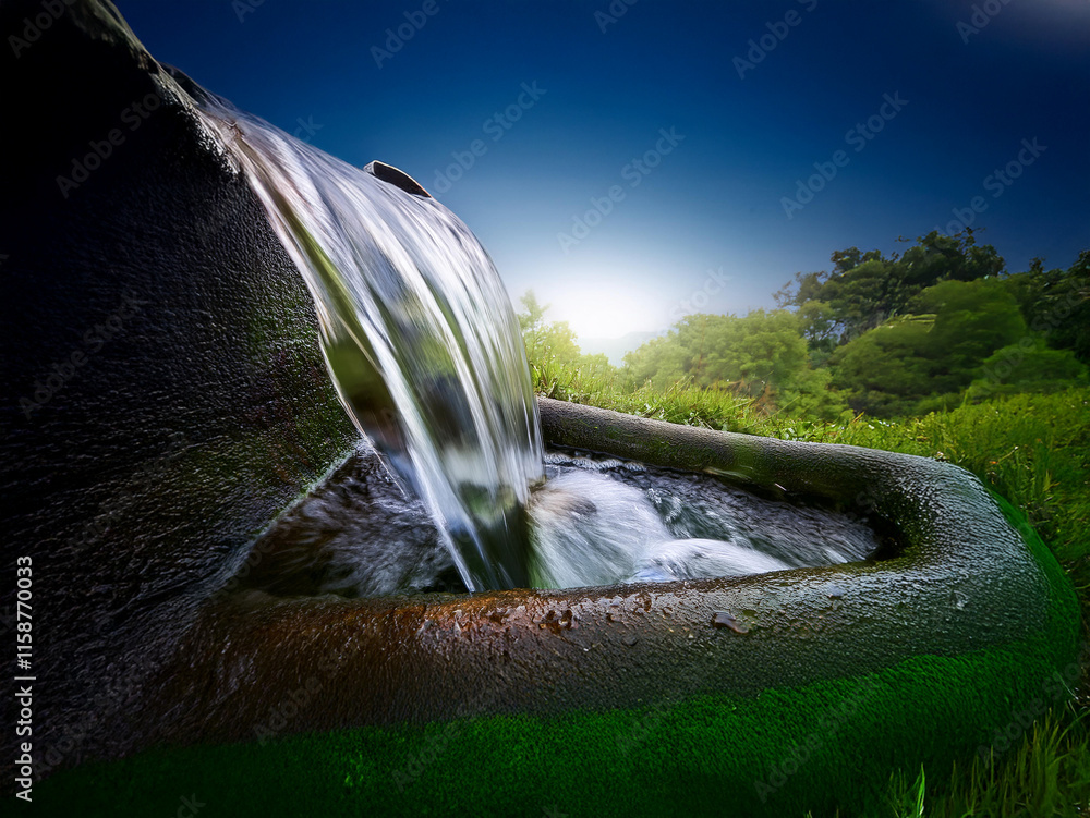 Poster Serene water flows from a stone trough into a mossy basin, bathed in the warm glow of a setting sun. Lush greenery forms a tranquil backdrop.