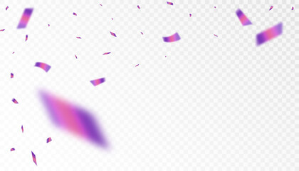 Purple confetti, bright realistic streamers. Falling shiny streamers. Bright purple festive tinsel. Festive design elements on transparent background for web banner, poster, flyer, invitation.
