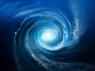 A mesmerizing underwater vortex, a swirling whirlpool of deep blue ocean water, luminescent at its core.  The chaotic yet beautiful dance of water creates a captivating scene.