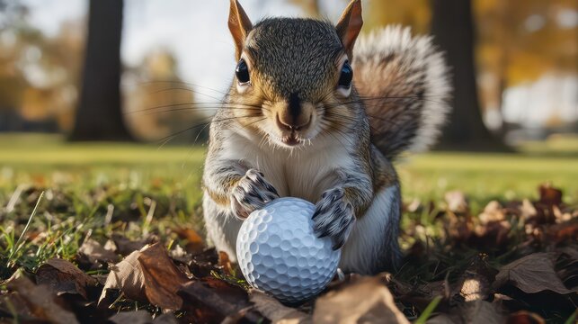 A curious squirrel examines a golf ball amidst autumn leaves on a green lawn.