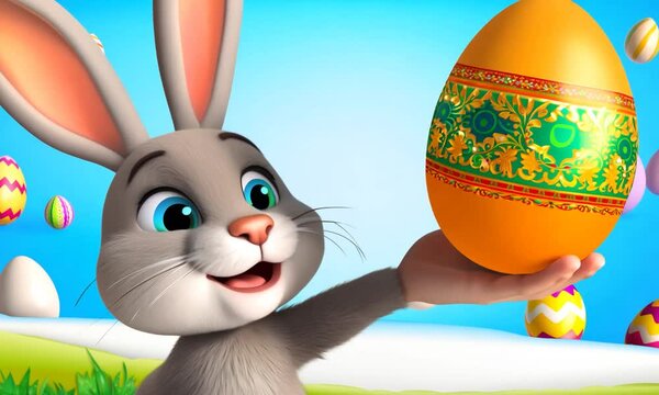 Playful easter bunny celebrating with colorful eggs