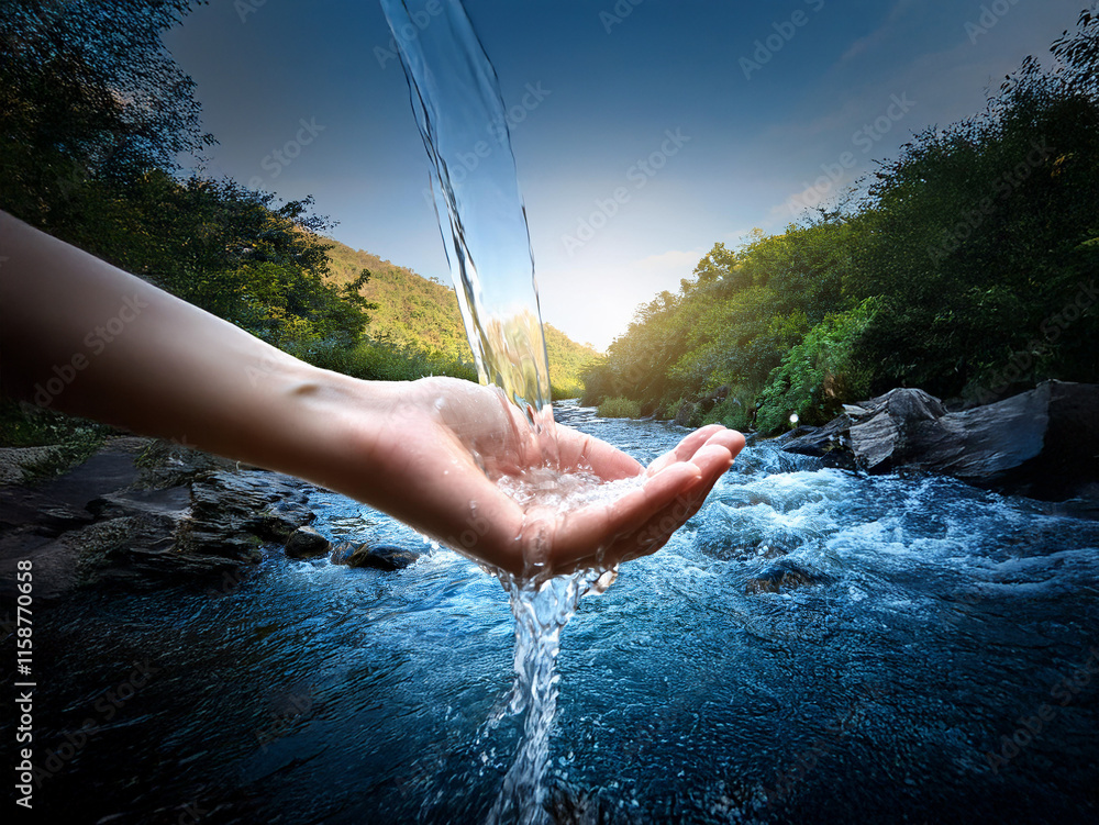 Poster pure water flows from a mountain stream into a cupped hand, showcasing nature's clean and refreshing