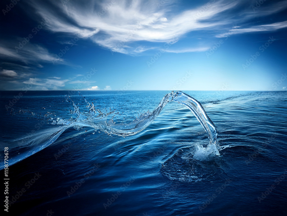 Poster dynamic water splash arcs over a serene ocean under a vibrant blue sky. the glistening droplets and 