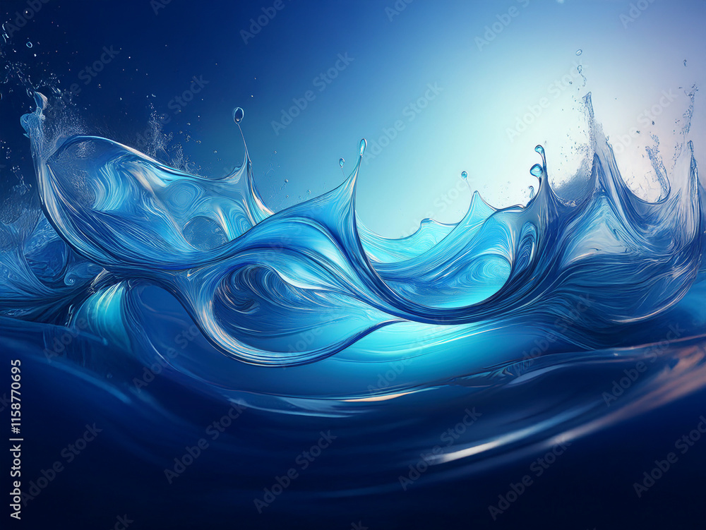 Poster dynamic blue liquid forms elegant, swirling waves, splashing with vibrant energy and translucent tex