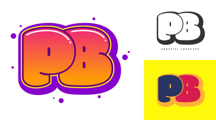 PB logo design for festival or party. Initial letter p and b in graffiti style. Creative modern lettering company name of font typography. Kids trendy logotype or identity.