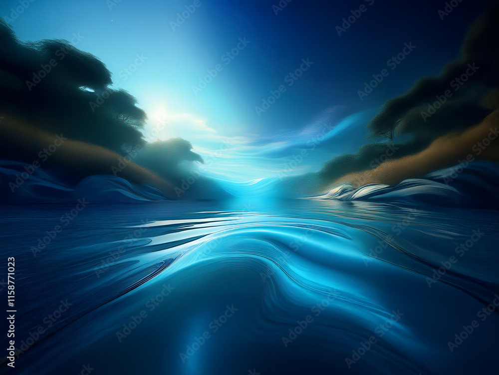 Poster serene, twilight scene of a calm, blue lake reflecting a soft, ethereal sky. dark silhouettes of tre