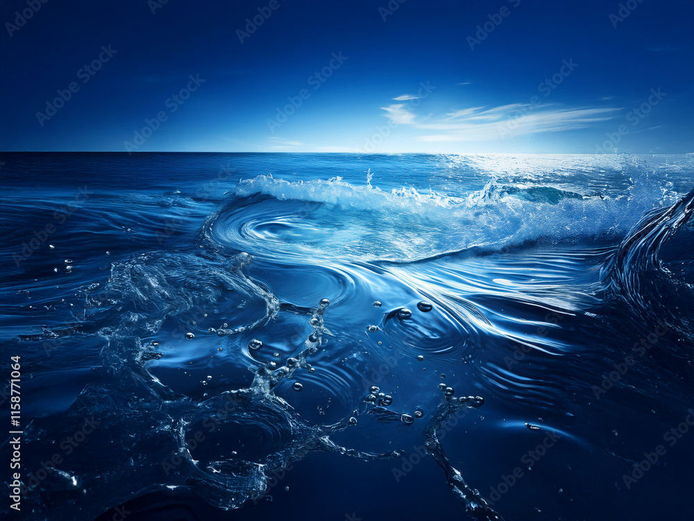 Poster Dynamic ocean waves crash, creating a mesmerizing display of blue hues and sparkling water droplets under a vast sky.  The scene evokes a sense of power and serenity.