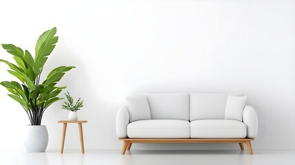 Modern Minimalist Living Room with White Sofa and Green Plants