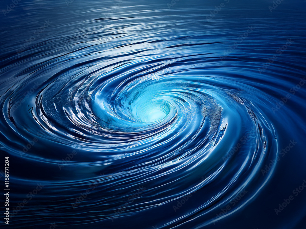 Poster a mesmerizing whirlpool of deep blue water, swirling into a luminous center. the texture is smooth w