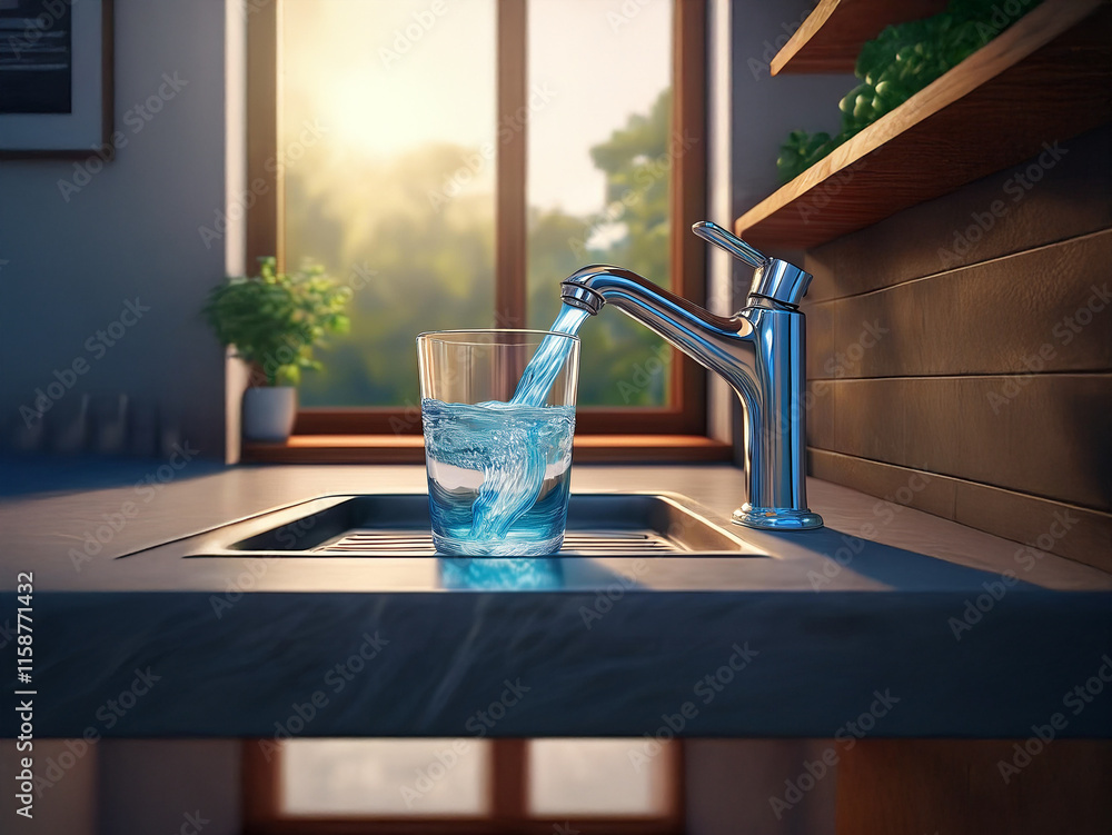 Poster sunlight streams through a kitchen window, illuminating a glass filling with water from a sleek fauc