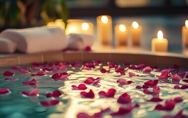 A luxurious spa day setup with rose petals and heart-shaped candles for valentines day