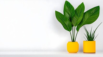 Vibrant Indoor Plants in Yellow Pots Against a Minimalist Background