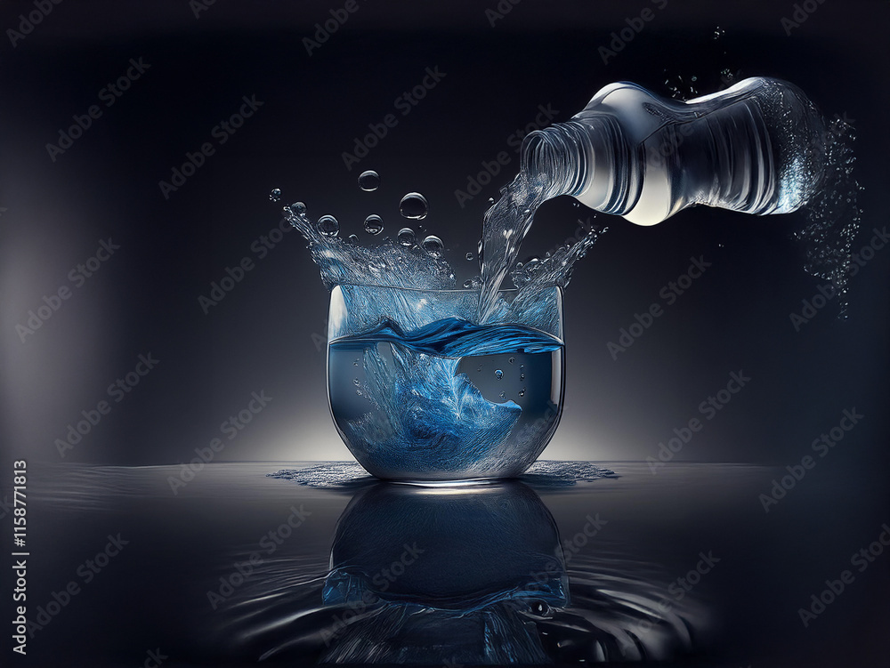 Poster water pours from a bottle into a glass, creating a dramatic splash and ripple effect. the scene is d