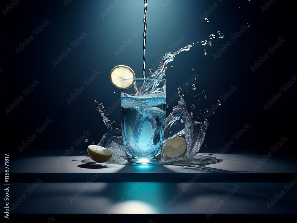 Fototapete refreshing lime water splashes dramatically in a glass, illuminated by a spotlight against a dark ba